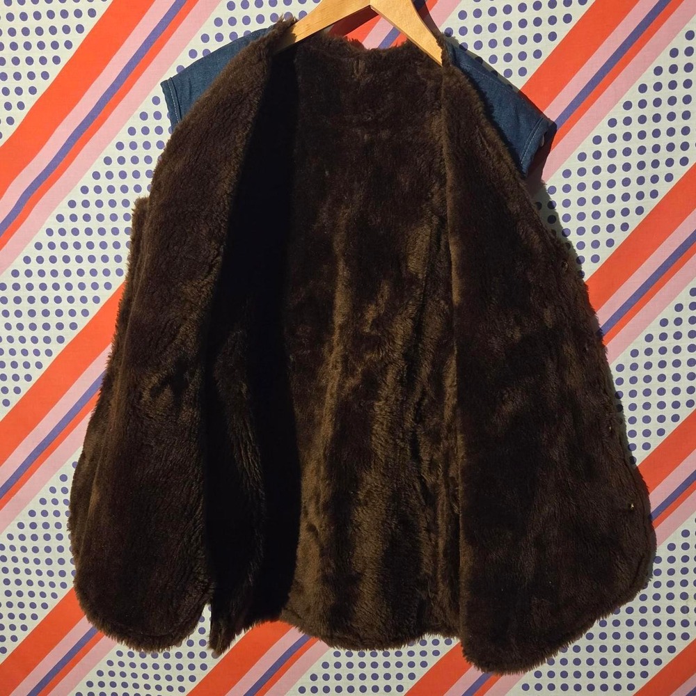 Vintage 70s Denim Vest Faux Fur Lined Western Boho Blue Brown XL - Picture 4 of 5
